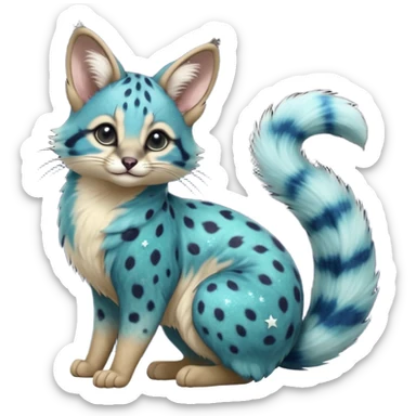 Hyper realistic  galactical nebulae galaxy-swirl indigo-teal fur scattered with star-salt sparkle grains beautiful elegant pretty precious cute  Fakémon-Pokémon-opossum-feline-serval-caracal-chinchilla-Furret-Minccino-hybrid-creature with a big fluffy bushy tail (full body) sticker