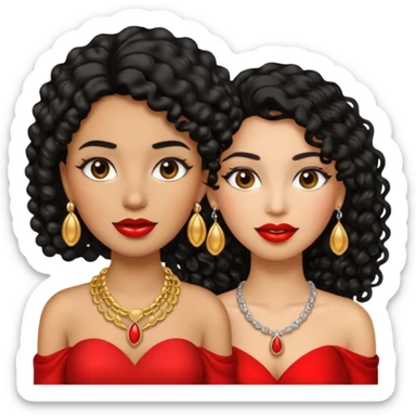An emoji with two women, one woman with caramel skin color, black curly hair long. The other one is fair skin with brown straight hair and they're wearing jewelry and makeup. sticker