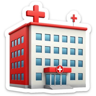 A hospital building with a large red +. In PNG format. sticker