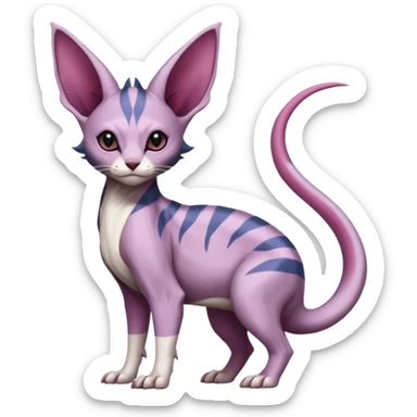 Purple, white, black, Minccino-Nidoran-Sphynx-Lykoi-Linoone-Zangoose-fusion-hybrid-animal-Fakémon-creature, full body, thin long sleek scaly tail, intricate markings sticker