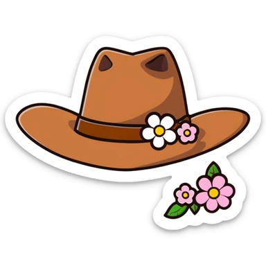 Cowgirl hat with flowers, pink and white flowers decorating a brown cowboy hat sticker