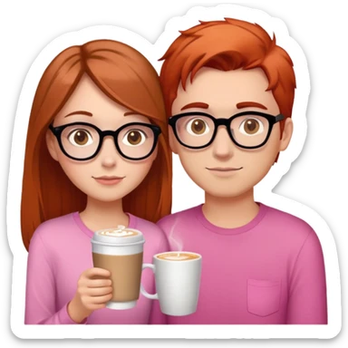 girl with brown hair and hazel eyes drinking latte, hair just below shoulder length and wearing a pink shirt. She is with her with her boyfriend who has orange/red hair, black glasses, and is taller than her. He needs a book in his hand”. The girl does not wear glasses  sticker