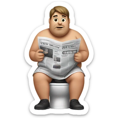 fat guy sitting on toilet reading newspaper no shirt front view sticker