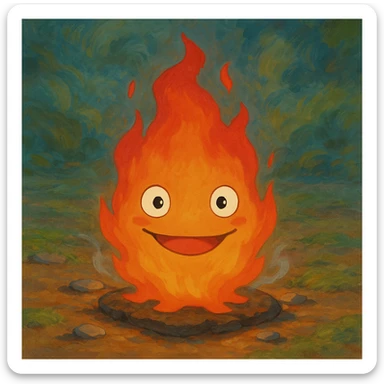 Calcifer the fire demon from Howl's Moving Castle, depicted as a lively, expressive flame with big eyes and a mischievous smile, inspired by the Ghibli movie style sticker