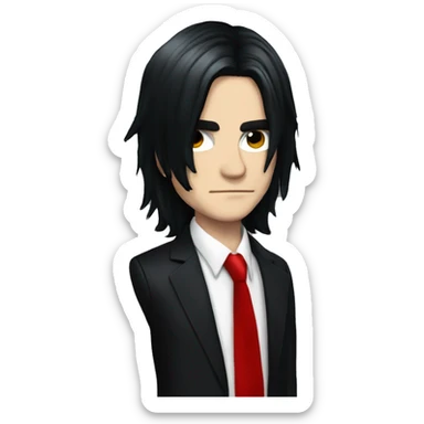 Gerard Way with long black hair black suit and red tie sticker