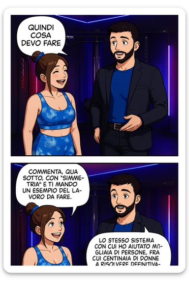 TRASFORMA QUESTO CAROSELLO IN UN FUMETTO STILE WEBTOON/MANGA A COLORI CON QUESTE DUE PERSONE IDENTICHE CHE INTERLOQUISCONO TRA LORO, LA DONNA SEMBRA SOLLEVATA/SODDISFATTA E CONTENTA:

LEI (DONNA): Quindi cosa devo fare?
LUI (UOMO): Commenta, qua sotto, con “simmetria” e ti mando un esempio del lavoro da fare. Lo stesso sistema con cui ho aiutato migliaia di persone, fra cui centinaia di donne a risolvere definitivamente gli inestetismi. sticker