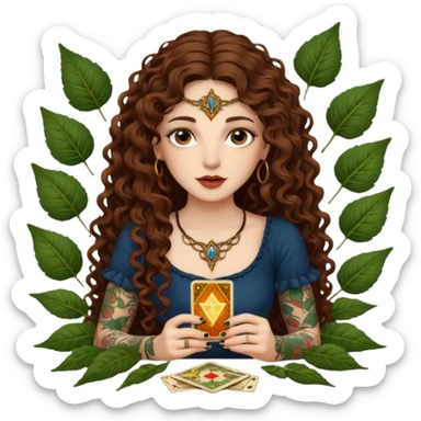 woman with long curly brown hair, brown eyes, white skin, tattoos, reading tarot cards made of leaves  sticker