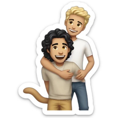 Gay couple, 1 guy Latino black straight hair and 1 Australian guy with blonde slightly curly hair with a cat laughing full body by sticker