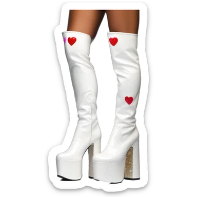 glittery white platform knee high gogo boot with heart cutout sticker