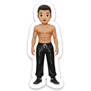 Peter Andre with dark brown hair, black sequin baggy pants, shirtless with necklace sticker