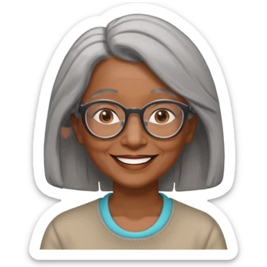 Older woman of color with gray shoulder length  hair and glasses and smiling sticker