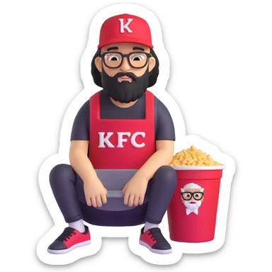 BBNO$ rapper sitting in a KFC bucket, glasses, beard, snapback cap sticker
