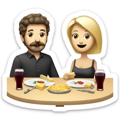 Repas raclette et deux verres de vin blanc en couple, femme blonde cheveux aux-dessus des épaules homme petite barbe et moustache grisonnantes et cheveux bruns grisonnant  sticker