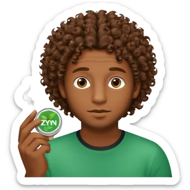 Man with Curley brown hairholding Zyn spearmint snus sticker