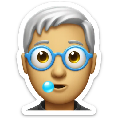 man with one eye blowing a bubble with gum sticker