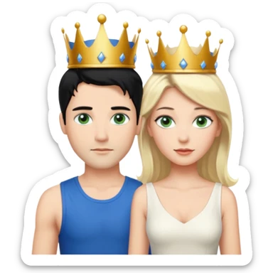 Prince with crown, black hair, blue eyes, woman blonde hair, green eyes, sexy white short sleveless dress,  sticker