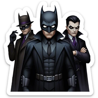 Icon for Thriller Movies: A large, dramatic collage featuring sinister villains in dark clothing. The background shows the gloomy cityscape of Gotham, with dim lighting and eerie shadows. The atmosphere should be tense, mysterious, and suspenseful. Transparent background. sticker