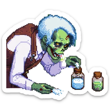 A zombie Leo  sniffing white powder with a background lab in the style of a pixel art sticker