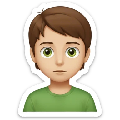 kid with big eyes, brown hair, green t-shirt sticker