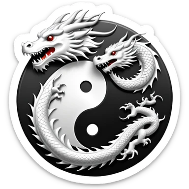 An icon symbolizing Eastern martial arts in the style of an emblem, featuring a black-and-white Yin-Yang symbol and a dragon at the center, surrounded by elements like a dojo. Transparent background highlights balance and power. sticker