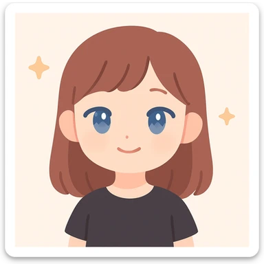 a girl with narrow Asian blue eyes, brown hair, and a small bang below her shoulders, wearing a black T-shirt, soft anime style sticker