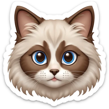 cinematic-fluffy-brown-ragdoll-cat-portrait-emoji,-head-tilted-cutely-with-big,-sparkling-blue-eyes,-soft-brown-and white-colored-fur-with-darker-points-on-the-ears,-face,-and-paws,-simplified-yet-irresistibly-adorable-features, sticker