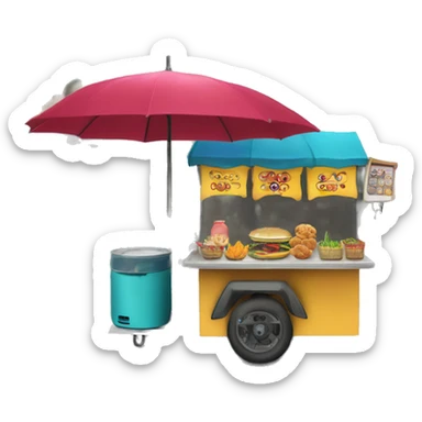 An emoji of a street food cart with a small table, colorful umbrella, and various food items on display sticker