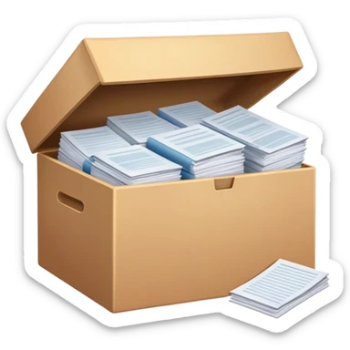 a huge box bursting with a lot of documents and papers sticker