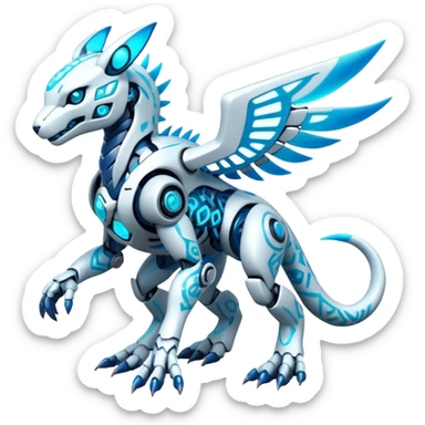Futuristic mechanical modern badass cool shiny white with glowing cyan-blue animal Digimon Fakémon hybrid full body with intricate patterns sticker