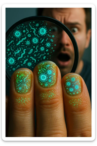 "Close-up macro shot of man's fingernails with transparent overlay showing dense colonies of bacteria, viruses, and parasites thriving in nail beds, millions of pathogens visible as glowing microscopic organisms, expression of shock as he examines his hands under magnification, nail debris containing more germs than toilet water, fingertips becoming mobile germ factories" sticker
