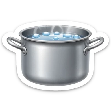 small metal pot filled with boiling water on a stove, visible hot steam and rising bubbles, realistic heat effect, shiny pot surface, bright lighting, clean white background sticker
