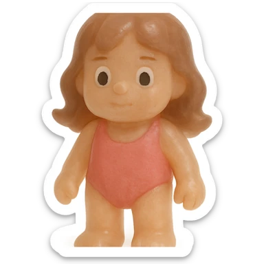 Make the beach girl much more transparent and match the exact retro 90's toy style of the previous ocean animal emojis. Use natural colors (tan skin, brown hair, pink swimsuit), derpy eyes, no tag, no background. Soft plastic, soft reflections, soft and squishy, some cloudiness, not shiny, highly detailed, appealing. The style should resemble retro 90's soft plastic toy style with soft reflections and cloudiness, not shiny. sticker