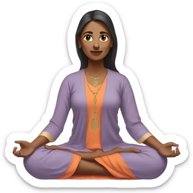 an  Indian woman, sleeveless pastel shirt
 yogi with a peaceful and meditative expression. The character should be wearing an orange robe, symbolizing traditional yogic attire. The yogi can be sitting in a lotus position sticker