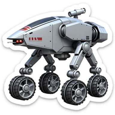 Star Wars jumping 8-wheel armored canine sporty self-balancing massive mech trail assault vehicle motor-in-wheel side-hill leaning actively robotically articulating hydraulic independent suspended pod gimbal defender mech off-road racing rover with large fast engine basher crawler megatron  sticker