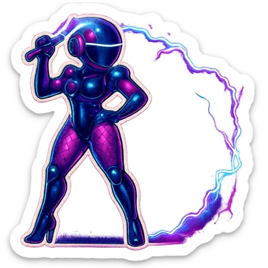 Add more electric energy and glowing sparks to the lightning whip, make the energy look intense and dynamic, keep the retro sticker style, glossy black and purple robot, transparent background. sticker