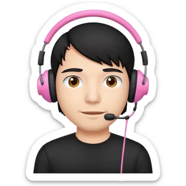 guy with black hair, black shirt and pink headset sticker