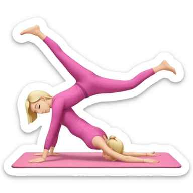 A fair-haired girl in a pink suit does a back bridge on a mat. two legs and a bridge to the other side.the feet are on the mat, the back is arched inward and the hands are stretched towards the legs sticker