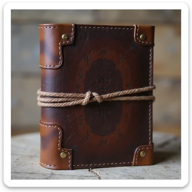 vintage style leather-bound journal, dark brown, wraparound strap, textured cover sticker