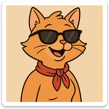 mrs. cat wearing sunglasses, smiling, with a red scarf around her neck, fun and friendly style, cartoon illustration sticker