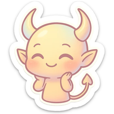 devil emoji, chibi style, holographic effect, iridescent pale yellow and peach, elegant horns, sweet smile sticker