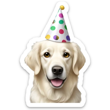 White golden retriever wearing polka dot party hat sticker