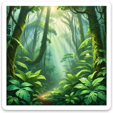 Cinematic Realistic Rainforest Emoji, Lush and vibrant, filled with towering trees, thick vines, and dense green foliage, sunlight filtering through the canopy above, creating dappled patches of light on the rich, diverse undergrowth. The air is heavy with moisture, with mist rising from the forest floor and distant calls of exotic birds and animals echoing through the trees. Soft glowing outline, capturing the essence of a thriving, untamed tropical paradise filled with life! sticker