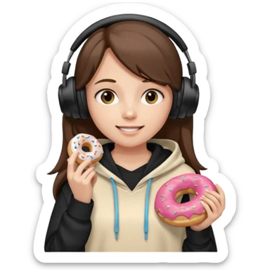 a girl with long brown hair green and wearing black headphones she is wearing a cream coulor baggy hoddie she is happyish holding a donut sticker