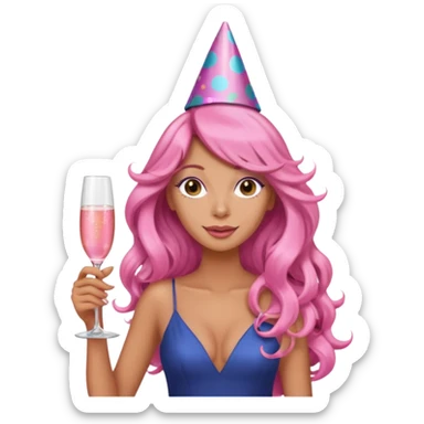 One lady with long pink curled hair and tan skin holding a glass of  pink champagne in each hand sticker