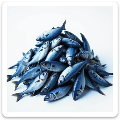 large, realistic pile of blue fish, loosely pyramid-shaped, not a perfect triangle, photorealistic style, variation 1 sticker
