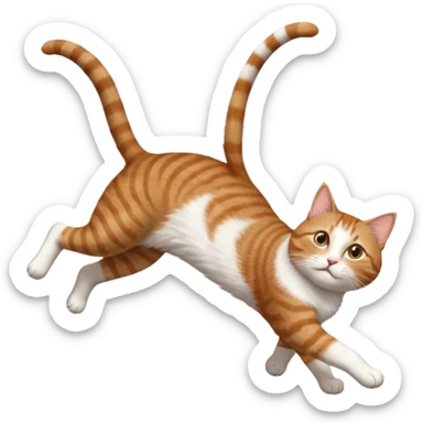 brown tabby and white cat with doing a big extremely long stretch reaching up into the air with arms and legs side by side together straight and overextended whilst lying on its side sticker