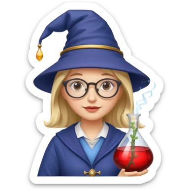 woman scientist with glasses, wearing wizard hat custome, with glass vase, red sticker