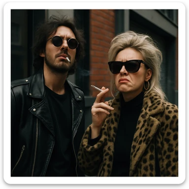 Par de personas que trabajan en la industria musical, parados conversando con aires de superioridad mientras se fuman un cigarro, mientras miran a la cámara (músico) de forma despectiva y burlona sticker