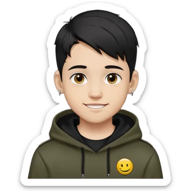 boy with military cut black hair, brown eyes, wearing 2 circle earrings and a black hoodie with a smiley face sticker