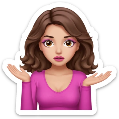 girl with long wavy brown hair, brown eyes, long lashes makeup, sexy pink lips, light to medium complexion, pink sexy top, shrugging with both hands, confused sticker